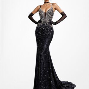 Vintage Y2K Purple Beaded Sequin Bodycon Maxi Prom Formal Cocktail Dress Size S